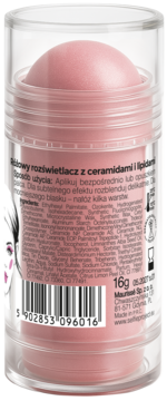 Różowy rozświetlacz w sztyfcie Champagne Rose, tył opakowania z listą składników i kodem kreskowym.