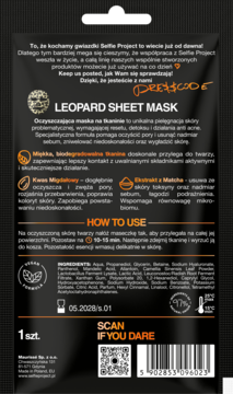 Tył czarnej saszetki Leopard Sheet Mask do skóry problematycznej, z opisem i datą ważności 05.2028/8.01.
