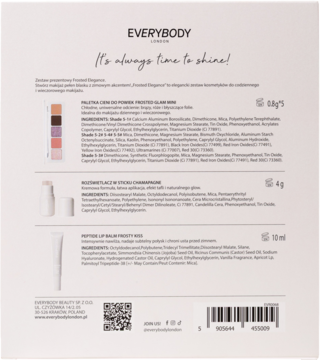 Tył zestawu Frosted Elegance z opisami cieni, rozświetlacza, balsamu do ust. Widoczne składniki i kod EAN.