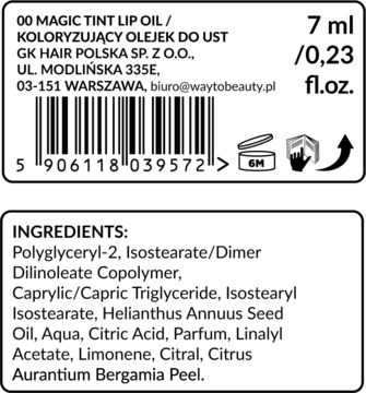 Tył etykiety olejku do ust MAGIC TINT LIP OIL z listą składników. Widoczne dane producenta.