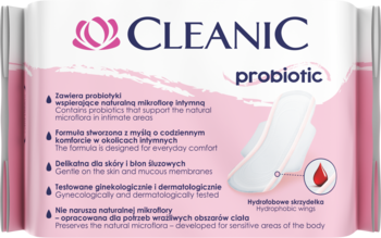 Cleanic Probiotic codzienne podpaski ze skrzydełkami, biało-różowe opakowanie, widok z przodu.