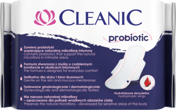 Cleanic probiotic: niebiesko-białe opakowanie podpasek probiotycznych ze skrzydełkami, widok z przodu.