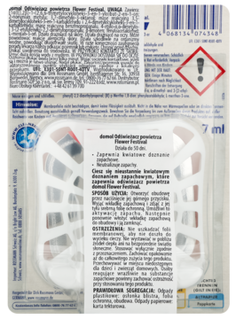 Tył opakowania odświeżacza domol Flower Festival 7ml, z kwiatowym zapachem neutralizującym zapachy, tekst PL.