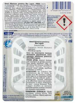 Tył opakowania odświeżacza powietrza domol Blue Lagoon 7ml z widocznym białym dozownikiem, polskimi instrukcjami i ostrzeżeniami.