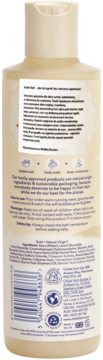 Tył bezzapachowego płynu do kąpieli Childs Farm Oat Derma, butelka z etykietą i składnikami.