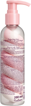 Pusheen Body Lotion, tył przezroczystej butelki z różową pompką, biały balsam z różową spiralą, 200 ml.
