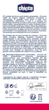 Tył opakowania Chicco Skrobia ryżowa do kąpieli, 100% naturalna, z wielojęzyczną instrukcją i symbolami eko.