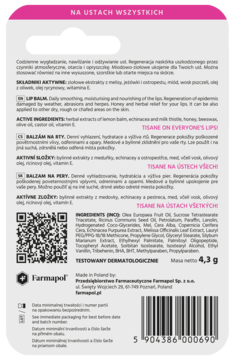 Tył opakowania ziołowego balsamu do ust Tisane, z listą składników, kodem QR i logo Farmapol.