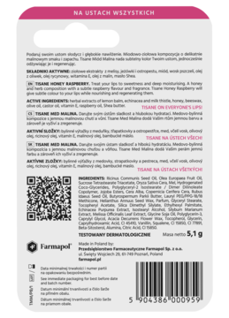 Tył białego opakowania balsamu koloryzującego do ust Tisane Color Farmapol, ze składnikami, QR kodem i kodem kreskowym.