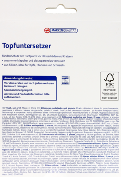 Tył opakowania składanej, silikonowej podstawki pod garnek, białe z instrukcjami i logo jakości.