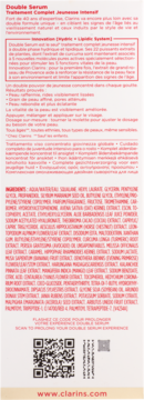 Tył opakowania Clarins Double Serum, serum przeciwstarzeniowego, z listą składników i QR kodem.