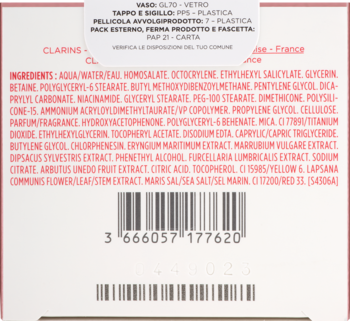 Tył opakowania Clarins Multi-Active SPF 15 z niacynamidem, białe, widoczny skład i kod kreskowy.