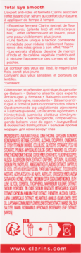 Clarins Total Eye Smooth, etykieta przeciwzmarszczkowego balsamu pod oczy. Widoczny opis i składniki.