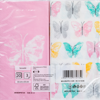 Serwetki papierowe dekoracyjne z motywem motyli, 20 sztuk. Różowe z białym wzorem i białe z drobnymi, kolorowymi motylami.
