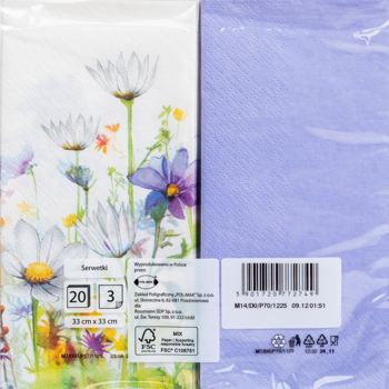 Opakowanie białych serwetek papierowych z polnymi kwiatami: stokrotki, niebieskie kwiaty. Widoczny bok fioletowych serwetek.