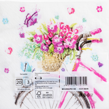 Dekoracyjna serwetka papierowa z różowym rowerem, koszem pełnym kwiatów i motylami, widok z góry.