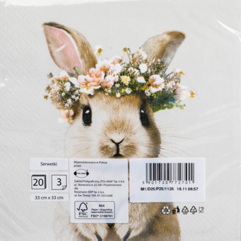 Serwetka dekoracyjna: uroczy brązowy zając w pastelowym wianku kwiatowym, widok z przodu w folii, z etykietą.