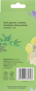 Tył zielonego opakowania ELOY z dekoracyjnymi łyżeczkami-kwiatkami (2 szt.) ze złotą powłoką i kodem kreskowym.