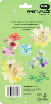 Tył zielonego opakowania wykrawaczy Eloy (3 szt.). Widoczne kwiatowe grafiki i dane producenta.