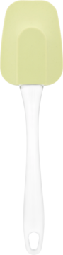 Jasnozielona silikonowa szpatułka kuchenna, widok z przodu, z ergonomicznym, białym uchwytem i otworem.