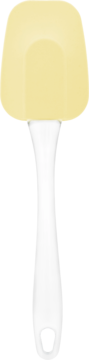 Żółta silikonowa szpatułka kuchenna z białym uchwytem i otworem do zawieszania, widok z przodu.
