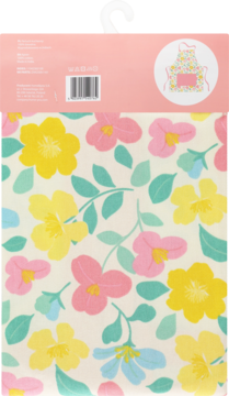 Fartuszek kuchenny w opakowaniu z jasnym, pastelowym wzorem w kwiaty: żółte, różowe i niebieskie.