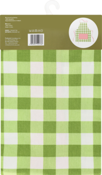 Zielony w białą kratę ręcznik kuchenny, złożony. Widok z przodu z częścią opakowania.