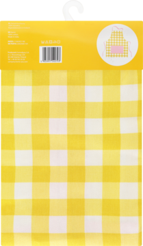 Żółto-biały obrus w kratkę gingham, złożony w opakowaniu z kodem kreskowym i ilustracją fartuszka.