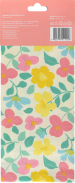 Tył opakowania tekstylnego: górna część brzoskwiniowa z tekstem, dół we wzór pastelowych kwiatów (różowe, żółte, niebieskie).