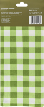 Tył opakowania zestawu bawełnianych ściereczek kuchennych w zielono-białą kratkę, z widocznym kodem kreskowym.