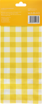Opakowanie obrusu w żółto-białą kratkę, widoczne symbole prania i kod kreskowy na żółtym tle.