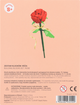 Eloy klocki róża, tył opakowania, złożona czerwona róża z klocków, zielona łodyga, wstążka, na jasnobeżowym tle.