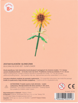 Tył beżowego opakowania klocków Eloy Słonecznik, z żółto-brązowym kwiatem z klocków i zieloną łodygą, tekstem.