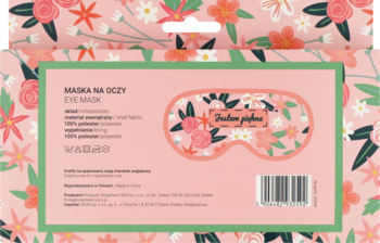 Eloy Opaska na oczy, tył ozdobnego opakowania w kwiaty, różowa, widoczne dane produktu, skład i kod kreskowy.