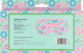 Tył zielonego opakowania Eloy opaski na oczy z różowymi kwiatami. Widoczne informacje o produkcie i kod kreskowy.