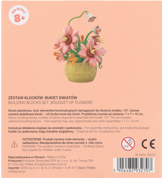 Tył opakowania Eloy klocków bukiet kwiatów. Pomarańczowe pudło z ilustracją złożonych różowych orchidei i tekstem.