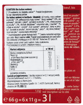 Tył czerwonego opakowania Alnatura Bio Bulion Wołowy, 6 kostek, bez cukru, widoczna biała etykieta z tabelą.