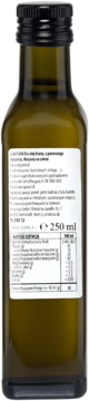 Tył ciemnej butelki organicznego oleju lnianego 250ml, z etykietą zawierającą skład w języku polskim.
