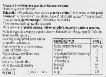 Tył opakowania Alnatura bio chrupiącej granoli orkiszowo-owsianej z listą składników i wartościami odżywczymi.
