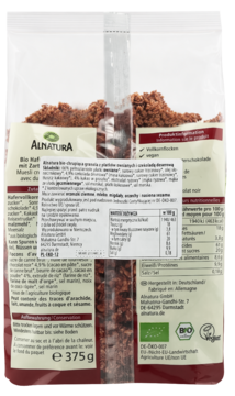 Tył opakowania ekologicznego Crunchy Alnatura z owsem, czekoladą i kokosem. Przezroczysta torba, widoczne etykiety BIO.
