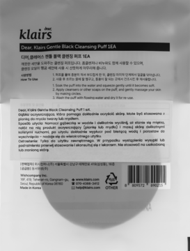 Tył opakowania Klairs Gentle Black Cleansing Puff SEA, widoczne instrukcje użycia i opis produktu po polsku.