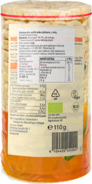 Tył opakowania wafli kukurydzianych Alnatura 110g, widoczne dane producenta, skład i certyfikaty bio. Bezglutenowe.
