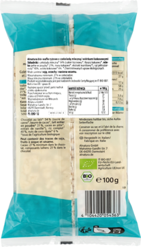 Tył opakowania Alnatura bezglutenowych wafli ryżowych w mlecznej czekoladzie i kokosie, lista składników i logo bio.