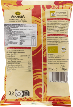 Tył opakowania chipsów Alnatura Bio-Mais-Chips Paprika, widoczne wartości odżywcze i certyfikaty bio.