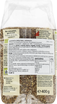 Tył przezroczystego opakowania mielonego brązowego siemienia lnianego Alnatura z etykietą, 400g.