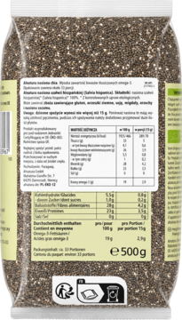 Tył przezroczystego opakowania organicznych nasion chia 500g z tabelą odżywczą, bogatych w omega-3 i błonnik.