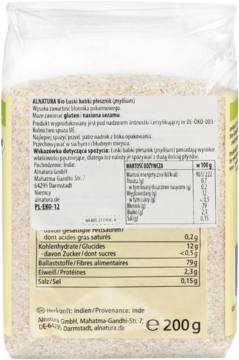 Alnatura Bio Łupiny babki płesznik 200g, tył przezroczystego opakowania z etykietą i tabelą wartości.