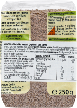 Tył opakowania Allnatura Bio babki płesznik całe ziarna 250g, widoczne instrukcje użycia i wartości odżywcze.