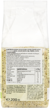 Tył opakowania Alnatura łuskanych ziaren konopi, widoczna etykieta z wartościami odżywczymi w języku polskim.