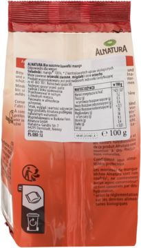 Tył opakowania ALNATURA Bio-suszone kawałki mango. Czerwono-biała torebka z tabelą wartości odżywczych i symbolami recyklingu.